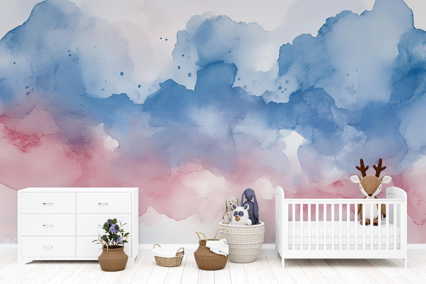 Watercolor Wall Mural for Kids Room – Blue Pink Ombre Nursery Wallpaper – Abstract Cloudy Sky Art Vn557