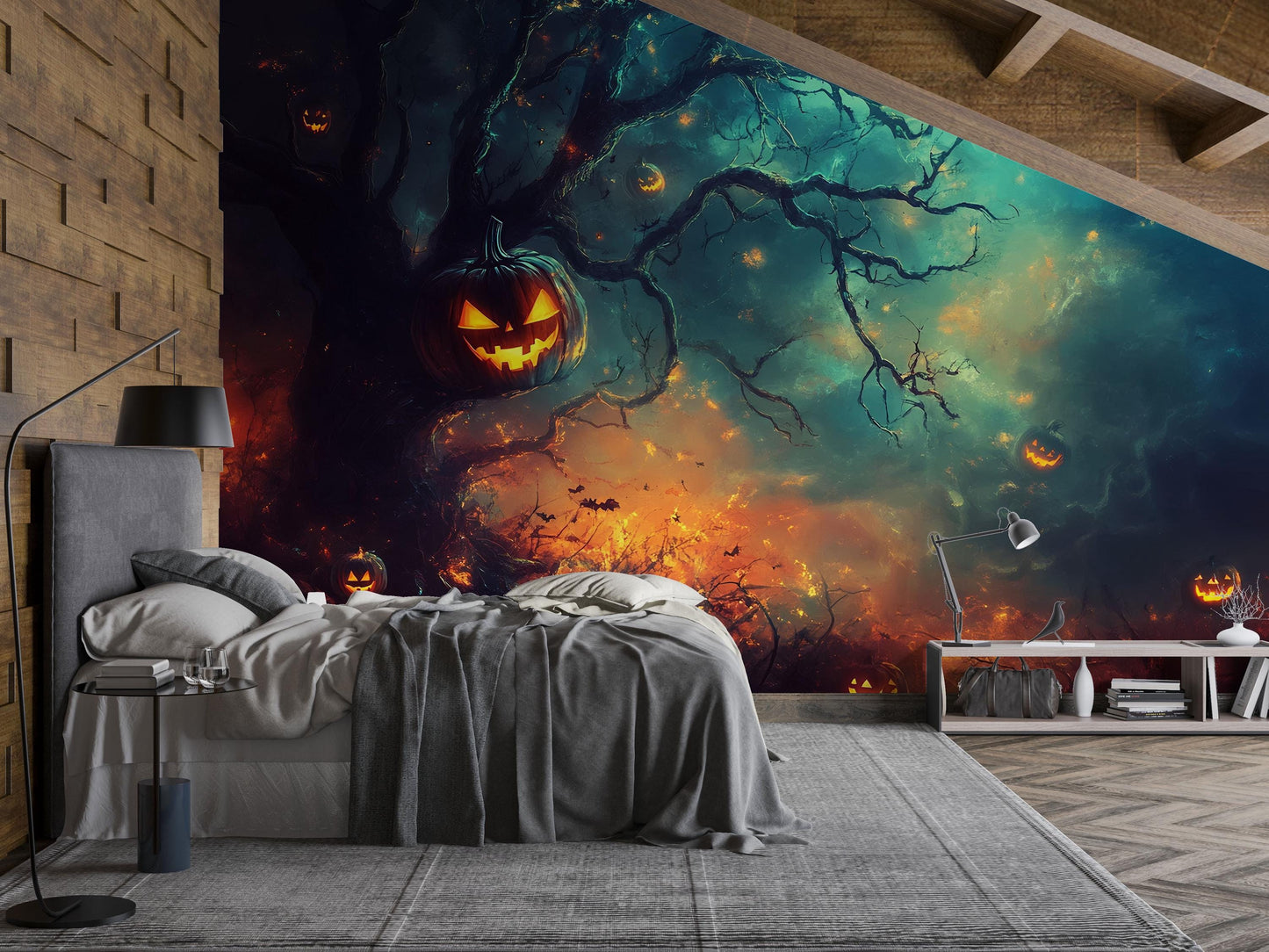 Spooky Jack O’Lantern & Bat Halloween Wall Mural – Haunted Tree Office Décor Vn815