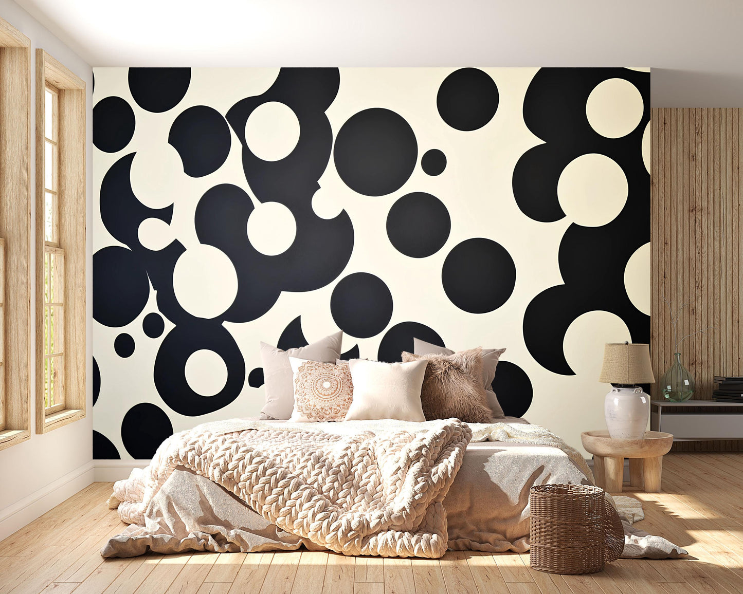 Black & Beige Circle Wall Mural – Modern Geometric Dot Pattern Wallpaper Vn839