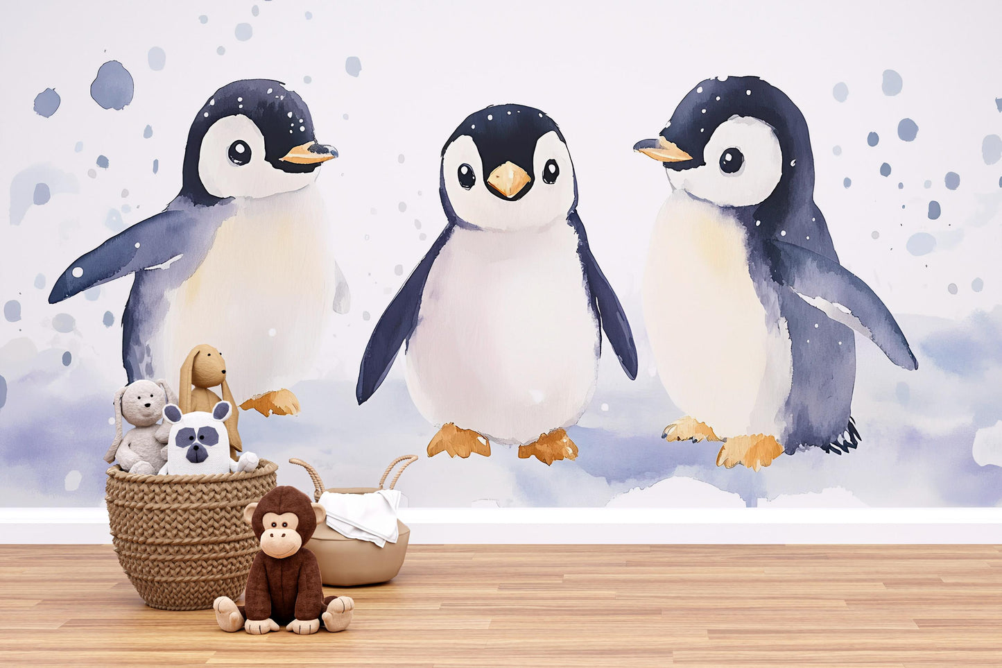 Watercolor Penguin Wall Mural | Nursery Wall Art | Kids Room Wallpaper | Arctic Animal Wall Decor | Cute Baby Penguin Wall Decal Vn518