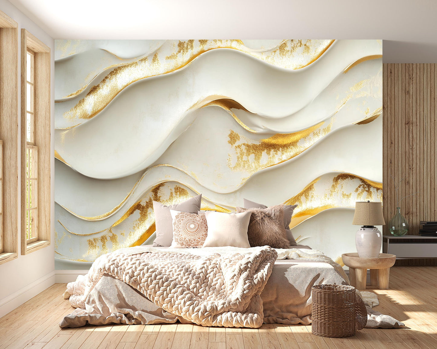 Gold Wave Textured Wall Mural – Modern 3D Luxury Accent Wallpaper  Vn774