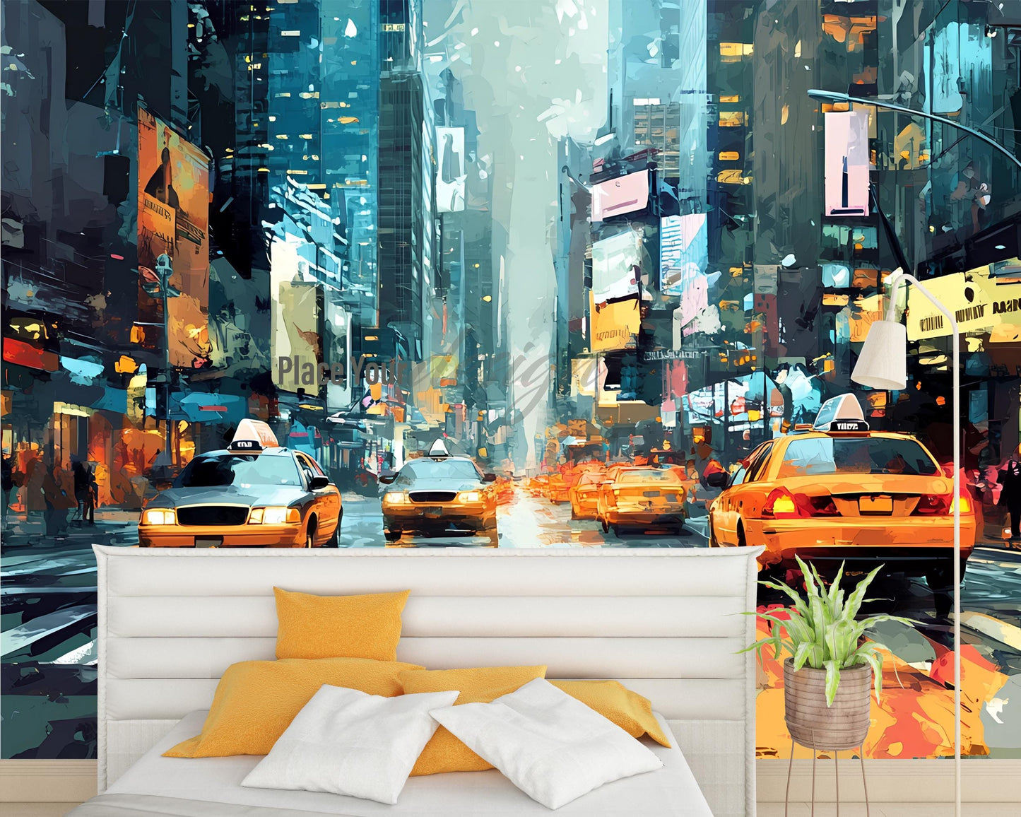 NYC Taxi Street Wall Mural – Urban Rain Cityscape Art for Bedroom or Loft Décor Vn368