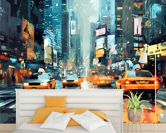 NYC Taxi Street Wall Mural – Urban Rain Cityscape Art for Bedroom or Loft Décor Vn368