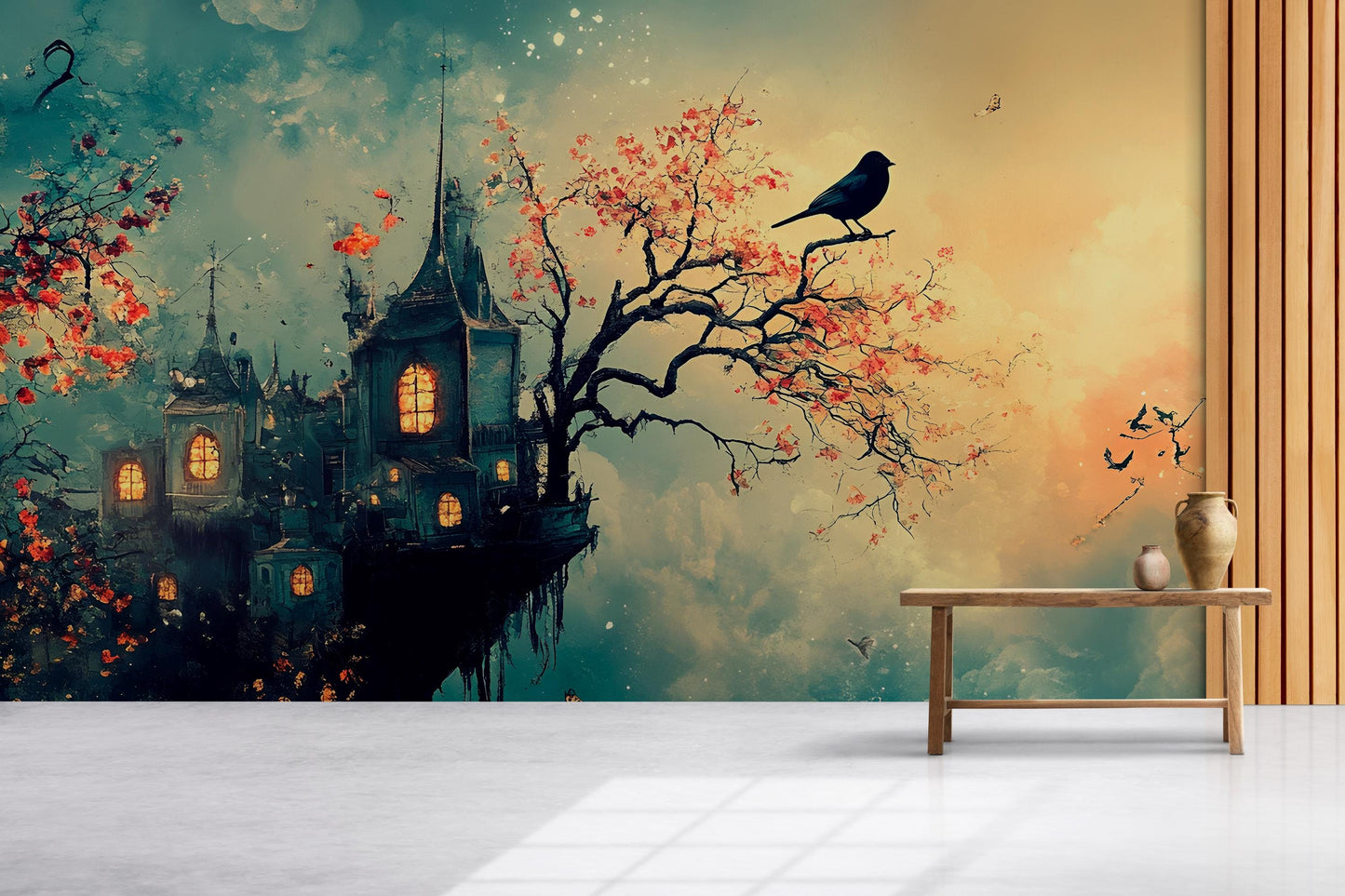 Fantasy Castle Wall Mural | Whimsical Gothic Art Print | Enchanted Tree Bird Sunset Tapestry | Magical Dreamscape Wall Décor Vn188
