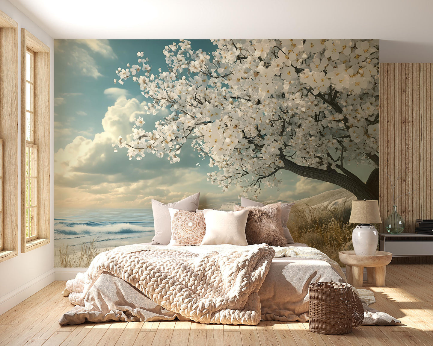 Cherry Blossom Tree Wall Mural | Coastal Bedroom Wall Art | Tranquil Beach Landscape Wallpaper | Boho Japandi Decor Accent Vn571