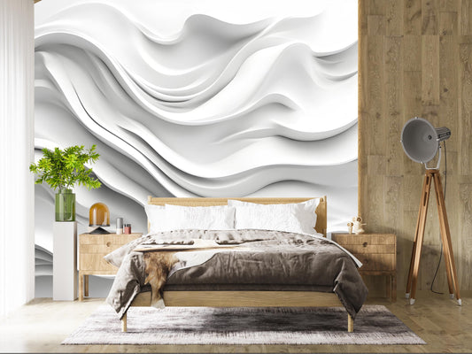 3D Abstract Wave Wall Mural – White Textured Wallpaper for Bedroom – Modern Minimalist Large Wall Art – Peel & Stick or Paste Vn236