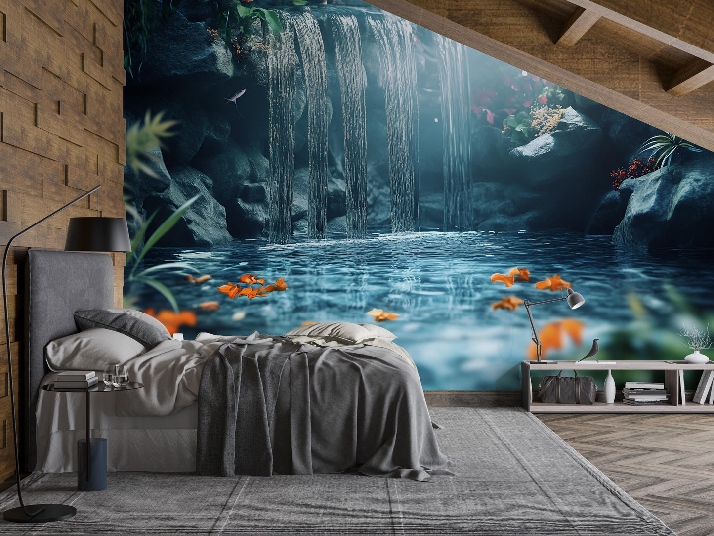 Waterfall Wall Mural | Nature-Inspired Bedroom Decor | Tranquil Waterfall Wallpaper | Serene Forest Scene for Zen Retreat Room Vn570
