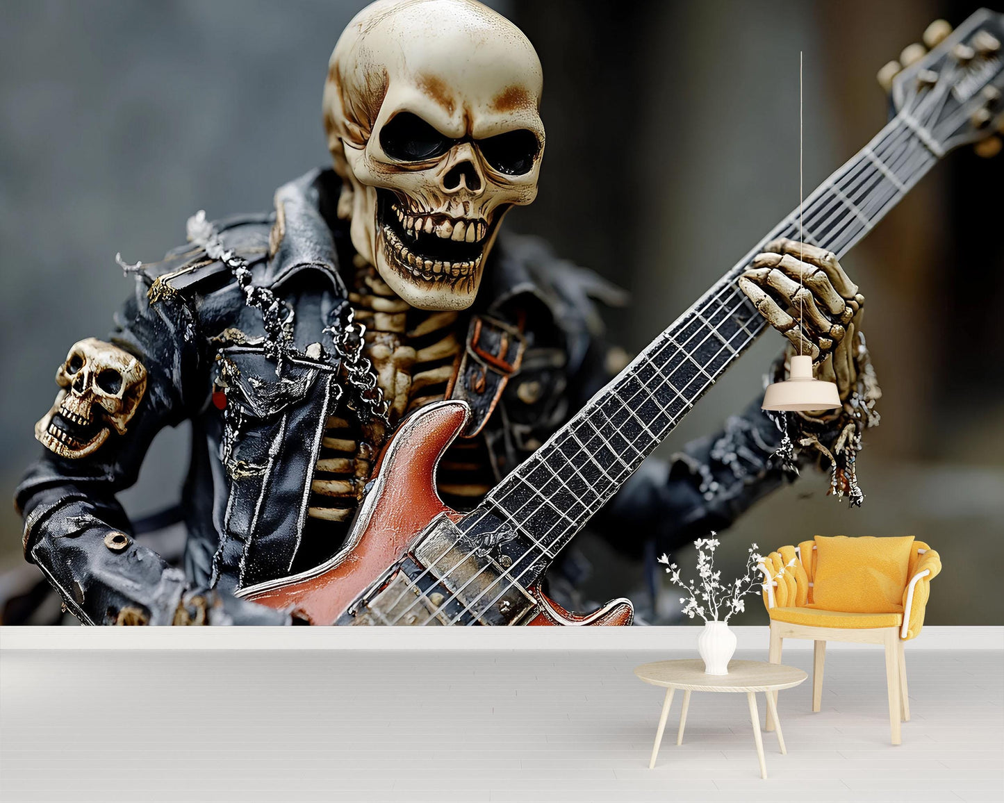 Skeleton Rock Guitarist Wall Mural – Heavy Metal Skull Art Poster – Gothic Punk Rock Room Decor – Cool Musician Wallpaper Vn721