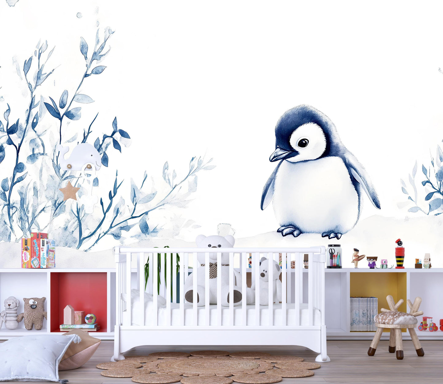 Penguin Nursery Wall Mural | Blue Baby Room Wallpaper | Arctic Animal Nursery Decor | Gender Neutral Nursery Art | Winter Baby Room Vn519