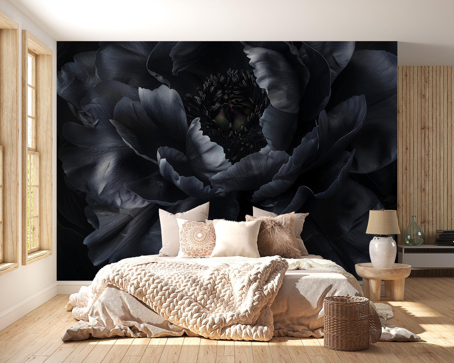 Black Floral Mural Wallpaper – Dark Oversized Peony Wall Art for Bedroom Décor Vn1048