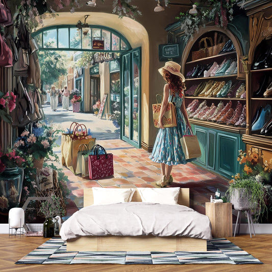 Romantic European Street Scene Wall Mural – Woman Shopping in Shoe Boutique – Elegant Bedroom Wall Art Vn061