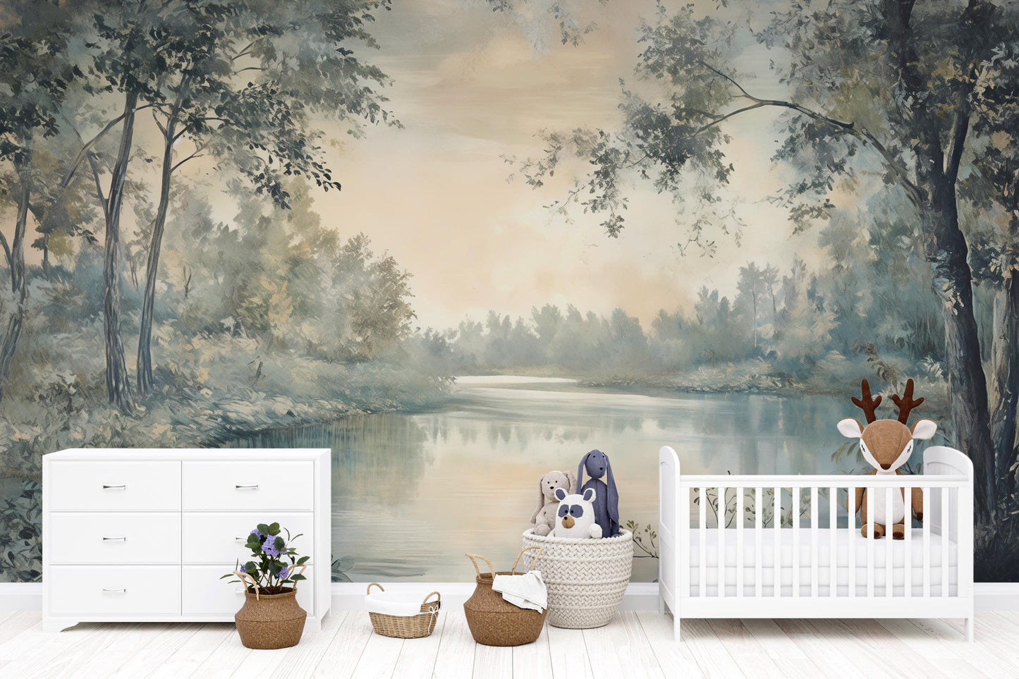 Calm River Forest Wall Mural – Nature Landscape Wallpaper for Bedroom & Living Room Vn975