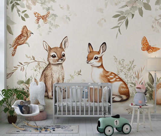 Woodland Animal Nursery Wall Mural – Forest Theme Peel and Stick Wallpaper – Baby Deer Bunny Squirrel Wall Art for Kids Room Vn247