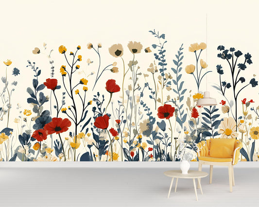 Modern Floral Wall Mural – Colorful Wildflower Wallpaper – Botanical Art Print for Living Room, Nursery or Office Decor Vn210
