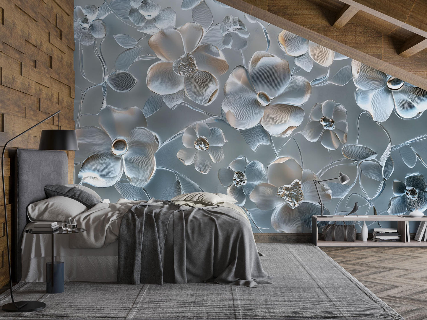 3D Floral Wall Mural for Bedroom – Elegant Blue and White Flower Wallpaper, Large Peel and Stick Wall Decor Vn657