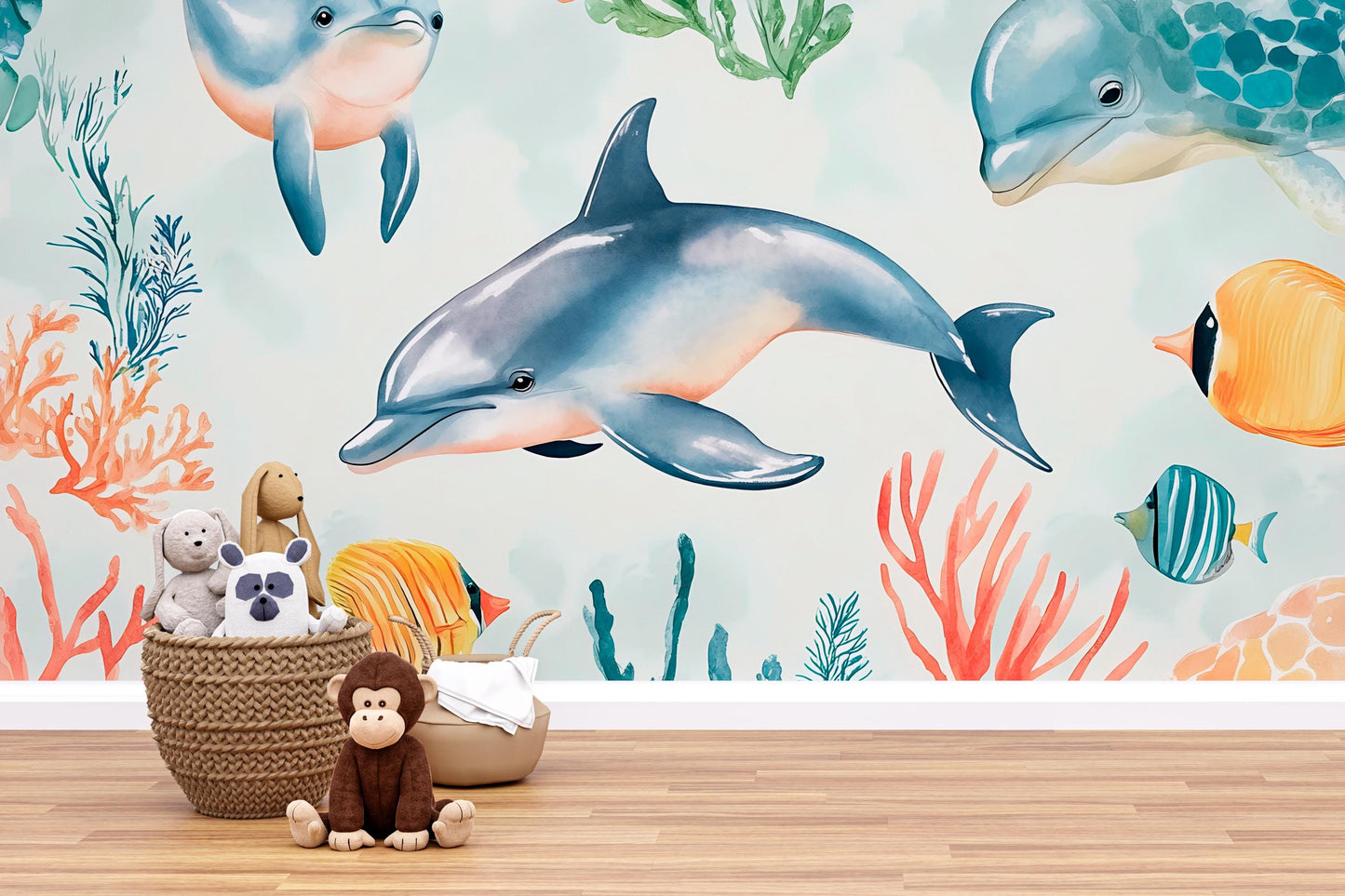 Dolphin Wall Mural – Underwater Ocean Wallpaper for Kids Room & Nursery Vn984