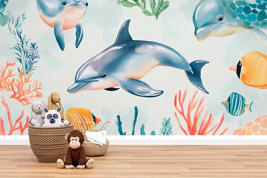 Dolphin Wall Mural – Underwater Ocean Wallpaper for Kids Room & Nursery Vn984