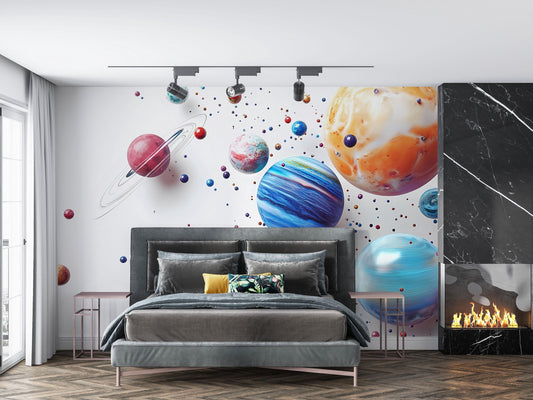 Space Planet Mural Wall Art | Outer Space Bedroom Decor | Galaxy Wallpaper for Kids Room | Planet Wall Print | Astronomy Theme Art Vn051