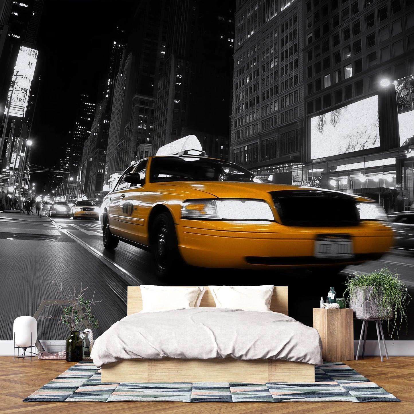 NYC Taxi Wall Mural – Yellow Cab Black White City Wallpaper Vn905