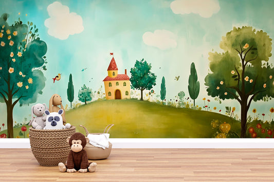 Whimsical Kids Wall Mural – Fantasy Forest and Castle Scene, Nursery Wallpaper, Playroom Wall Art Decor Vn619