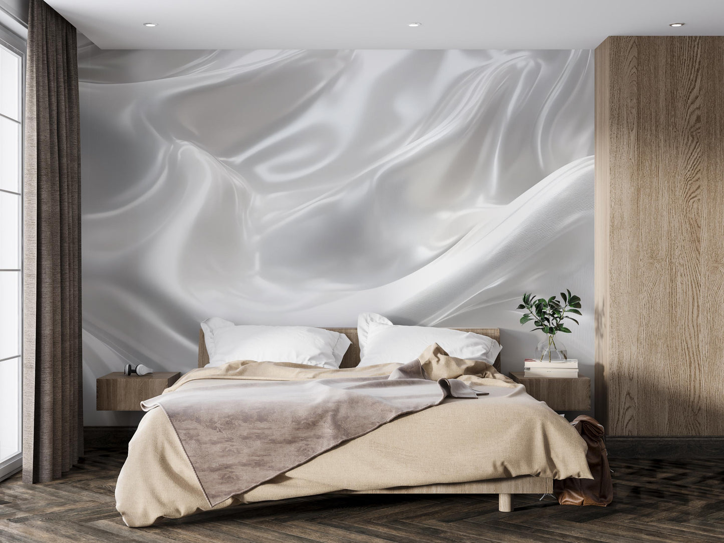 Modern Loft Bedroom Wall Art - White Satin Abstract Wallpaper Mural - Luxury Textured Fabric Effect - Minimalist Interior Decor Vn583