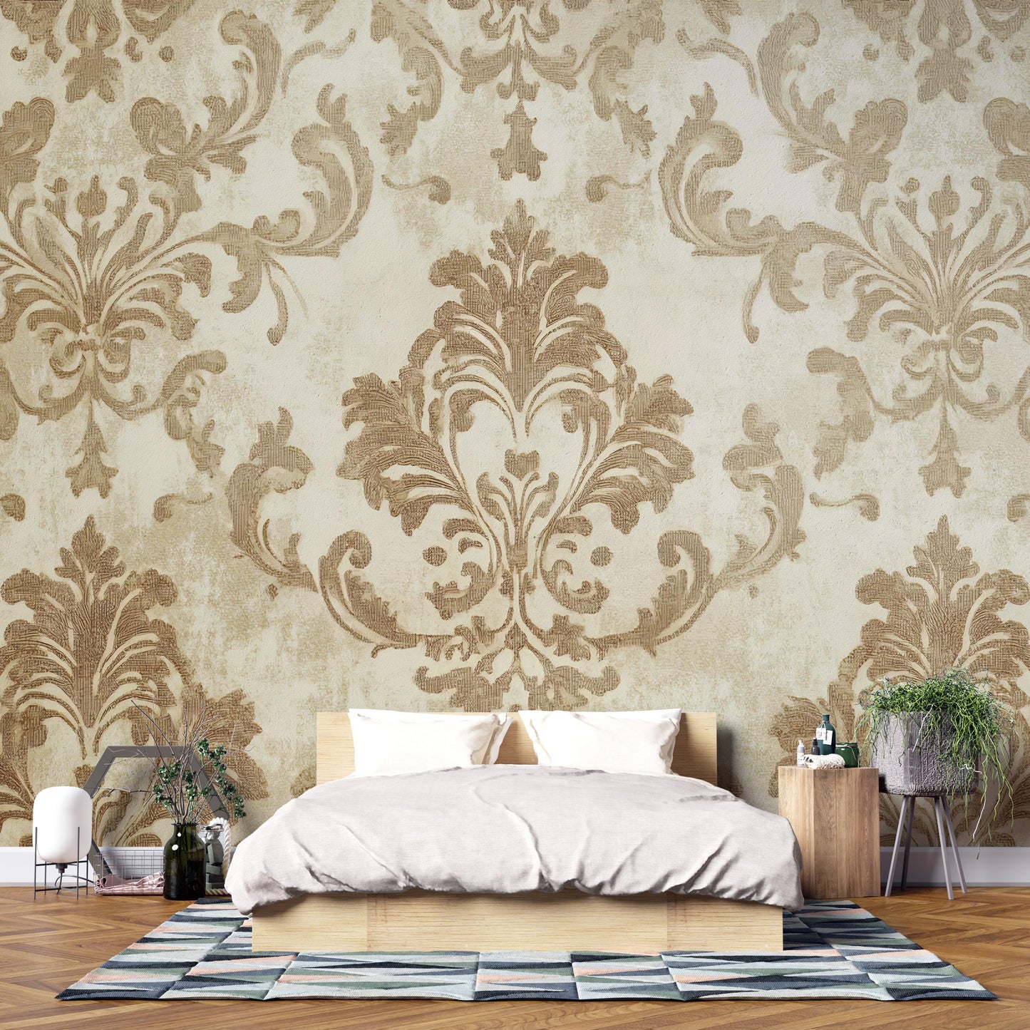 Luxury Modern Bed with Velvet Upholstery, Unique Arched Headboard, Glam Bedroom Decor, Minimalist Floor Bed, Neutral Tones Vn634