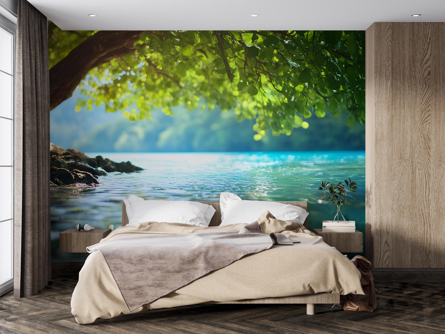 Tranquil Lake View Wall Mural – Nature Bedroom Wallpaper – Serene Tree & Water Scene – Large Scenic Peel and Stick Mural Vn493