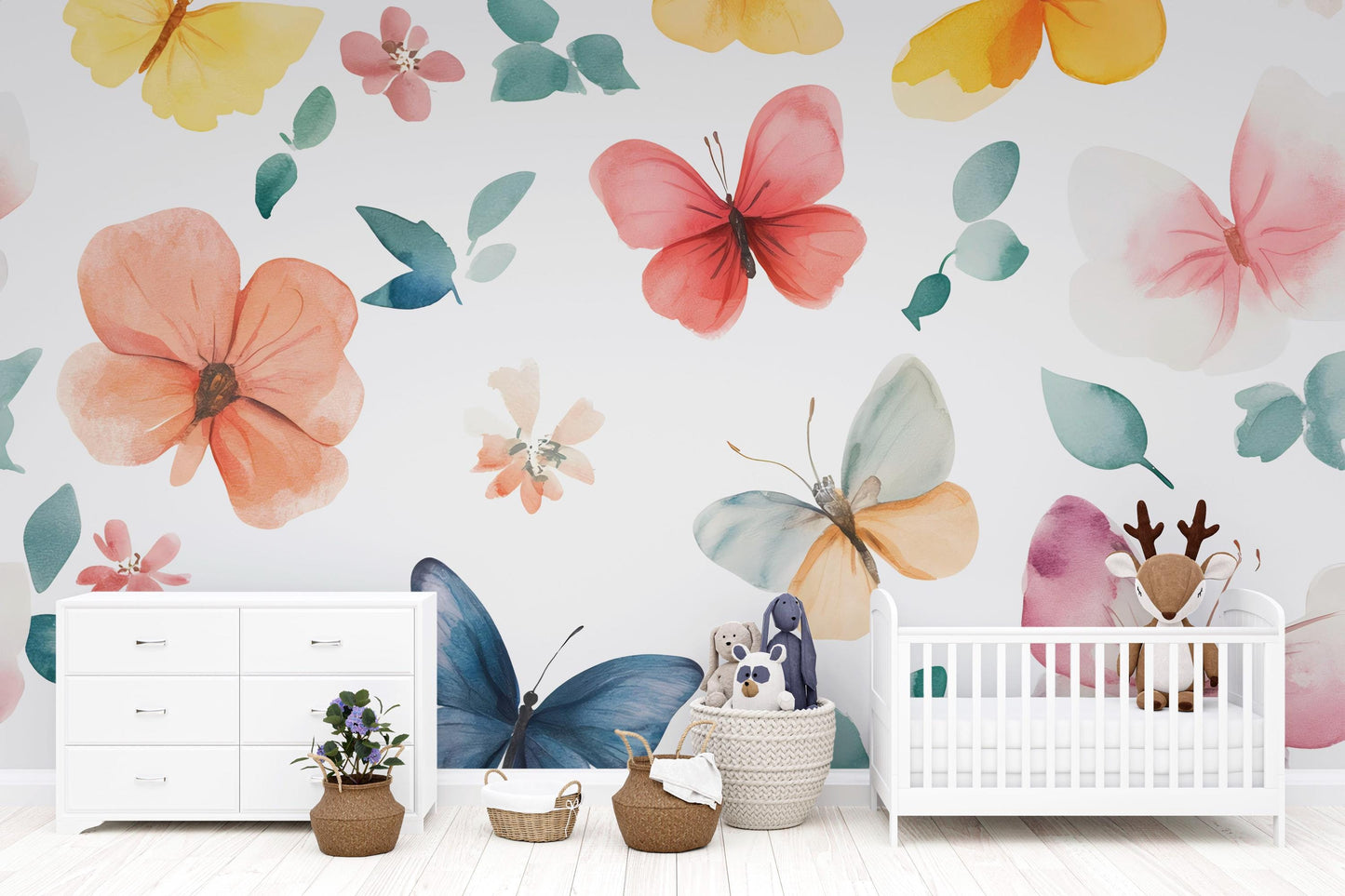 Butterfly Flower Wall Mural for Kids Room – Pastel Boho Wallpaper for Nursery or Playroom Vn630