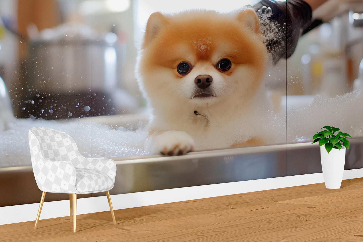 Cute Pomeranian Dog Art Print | Whimsical Pet Bathroom Decor | Surreal Animal Wall Art for Dog Lovers Vn671
