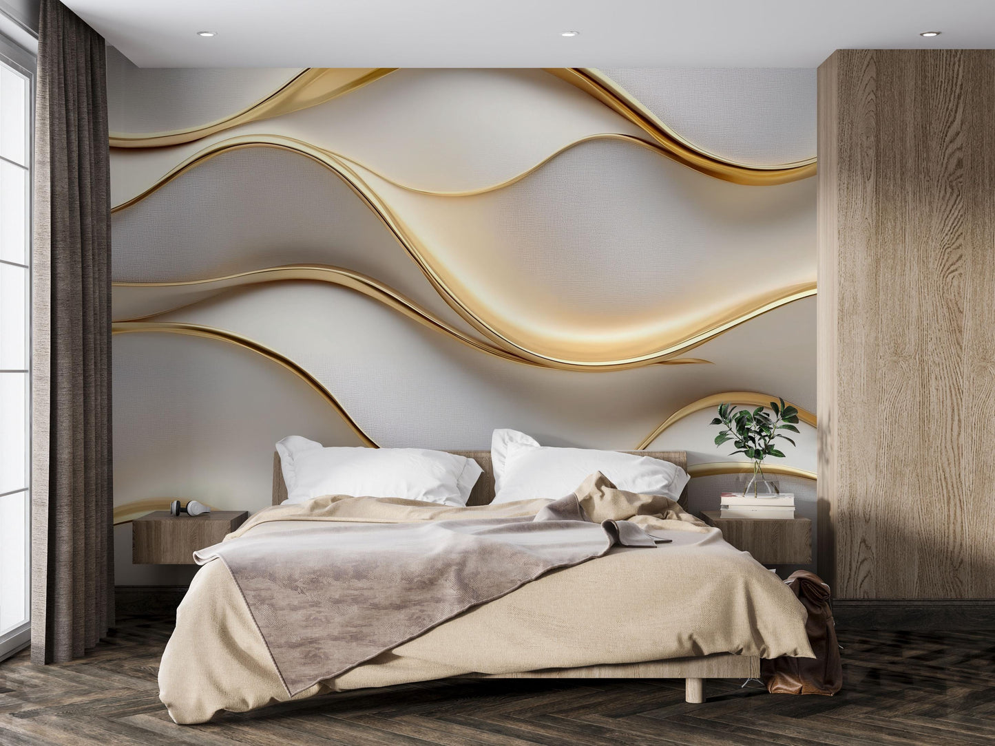 Luxury Gold Wave Wall Mural – Modern 3D Elegant Accent Wallpaper Vn773