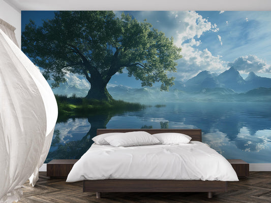 Tranquil Lake Tree Wall Mural – Large Nature Scenic Wallpaper for Bedroom or Living Room – Removable Landscape Art Decor Vn581
