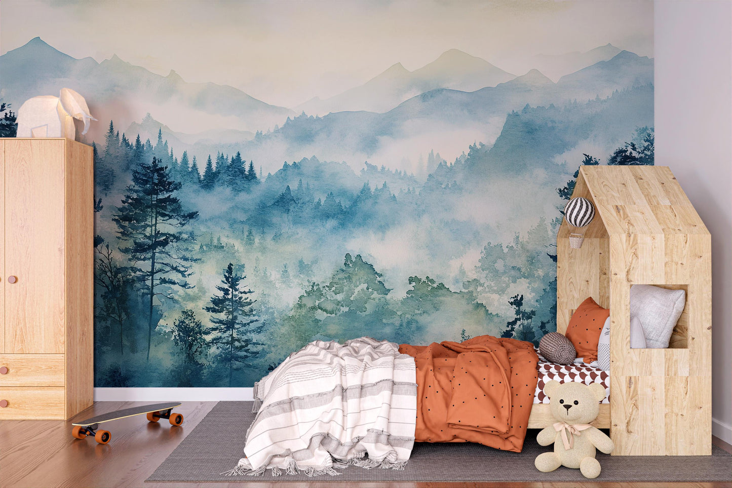 Misty Blue Pine Forest Wallpaper – Watercolor Mountain Wall Mural for Bedroom & Living Room Vn1016