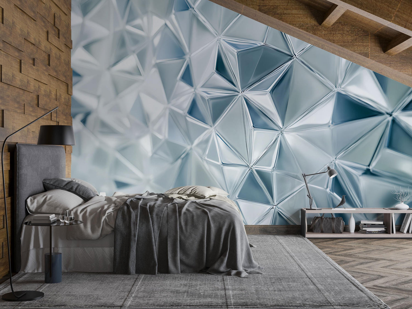 Modern Geometric 3D Wall Mural – Abstract Crystal Pattern for Bedroom Decor Vn661