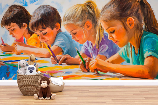Colorful Kids Art Wall Mural | Playroom Wallpaper with Drawing Children | Toddler Room Decor | Vibrant Artistic Nursery Mural Vn412