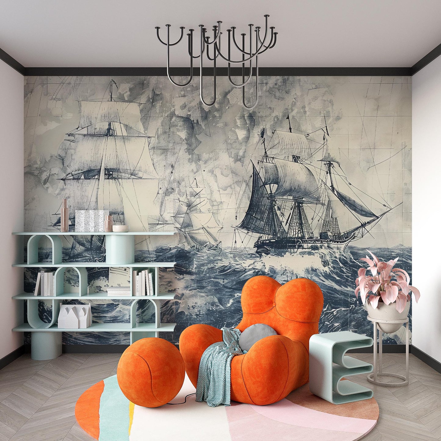 Vintage Ship Wall Mural | Nautical Ocean Waves Wallpaper Vn1044