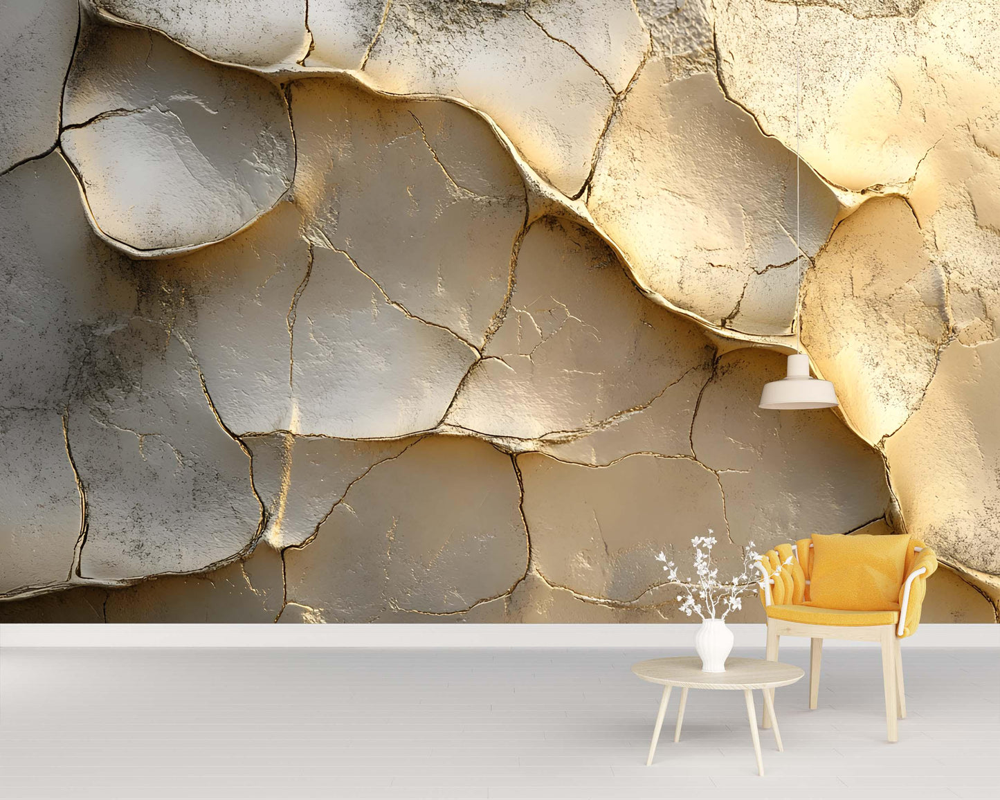 3D Cracked Earth Wall Mural | Textured Desert Dried Mud Wallpaper | Modern Neutral Gold Beige Accent Wall Decor Vn744