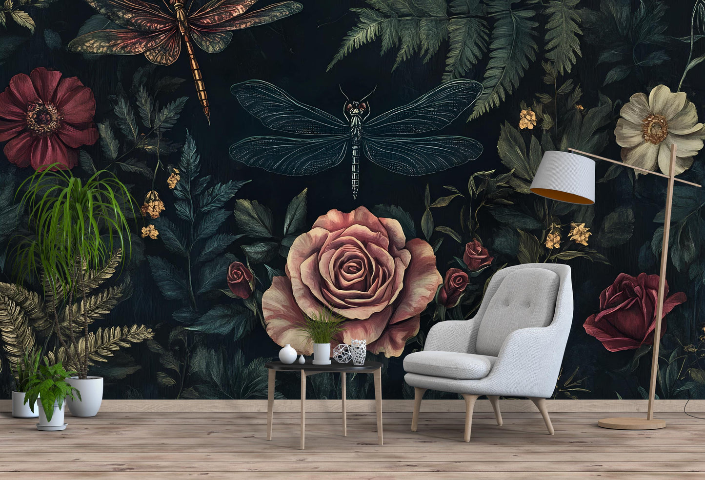 Dark Botanical Wall Art – Vintage Dragonfly & Roses Print Vn954