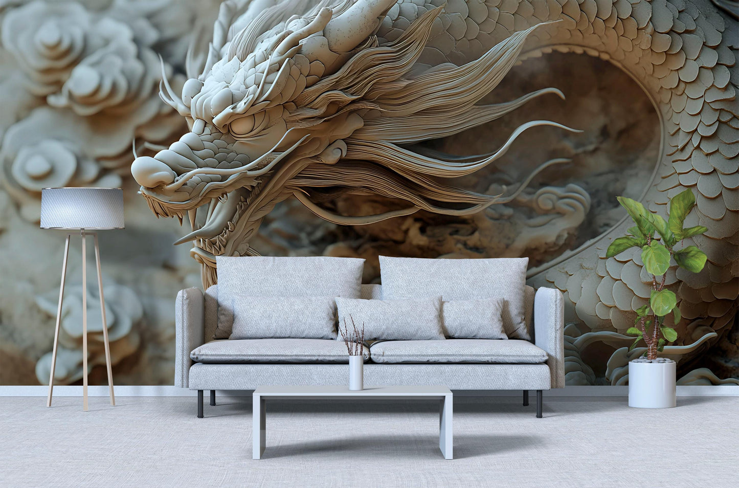 3D Asian Dragon Wall Mural | Mythical Beast Wallpaper | Serene Zen Home Decor | Fantasy Oriental Dragon Art Print Vn594