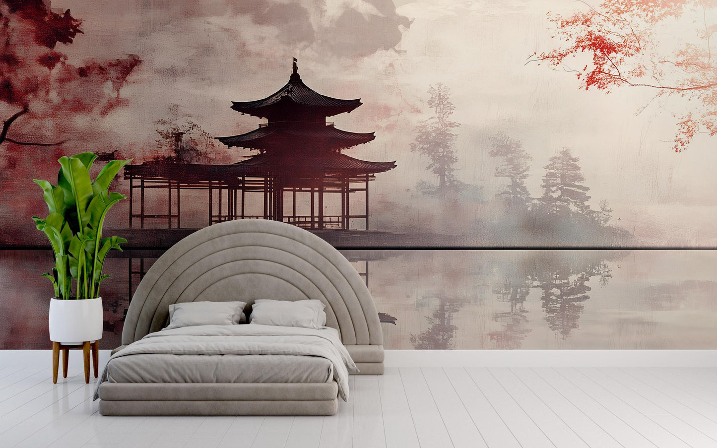 Zen Pagoda Wall Mural – Tranquil Asian Landscape Art for Bedroom, Serene Japanese Temple Decor, Removable Wallpaper Mural Vn490