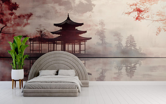 Zen Pagoda Wall Mural – Tranquil Asian Landscape Art for Bedroom, Serene Japanese Temple Decor, Removable Wallpaper Mural Vn490
