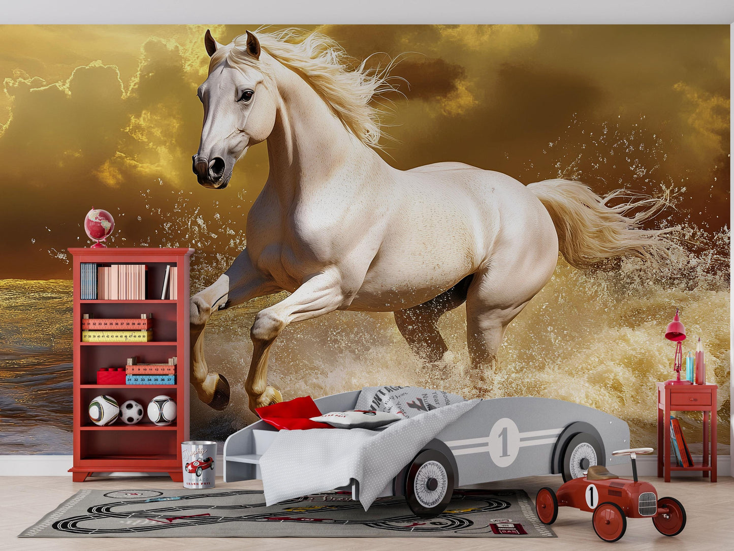 White Stallion Wall Mural – Realistic Galloping Horse in Ocean Waves Wallpaper Vn778