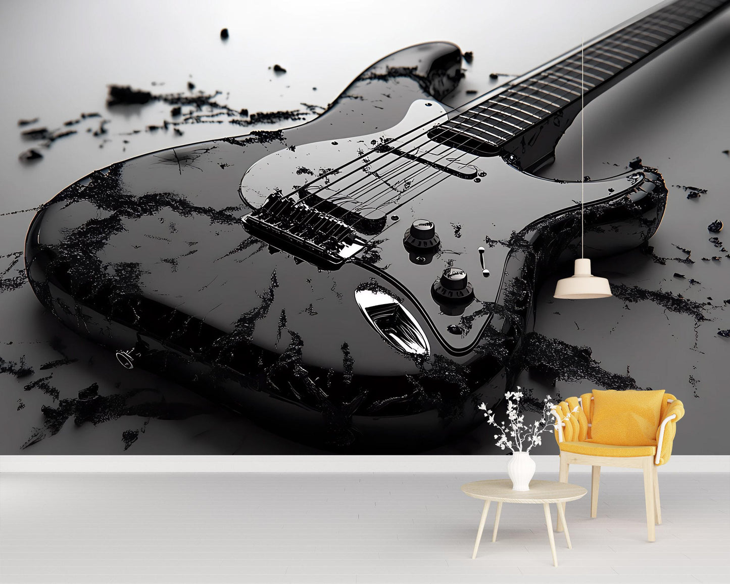 Rock Guitar Wall Mural for Kids Room – Bold Black Electric Guitar Decor Vn530