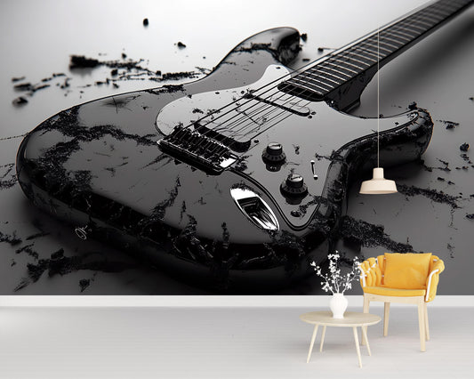 Rock Guitar Wall Mural for Kids Room – Bold Black Electric Guitar Decor Vn530