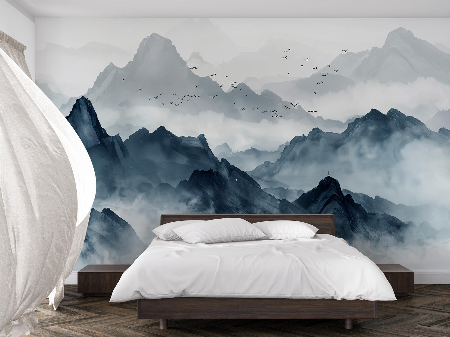 Blue Mountain Wall Mural, Misty Landscape Wallpaper, Tranquil Nature Wall Art Decor Vn1060
