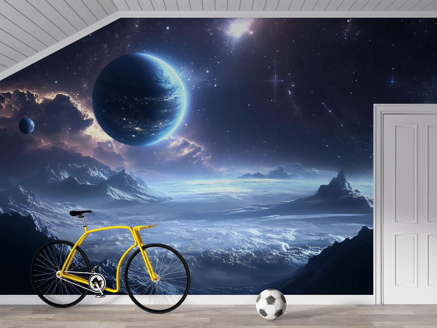 Blue Cosmic Planet Wall Mural – Galaxy Wallpaper for Kids Bedroom Decor Vn871