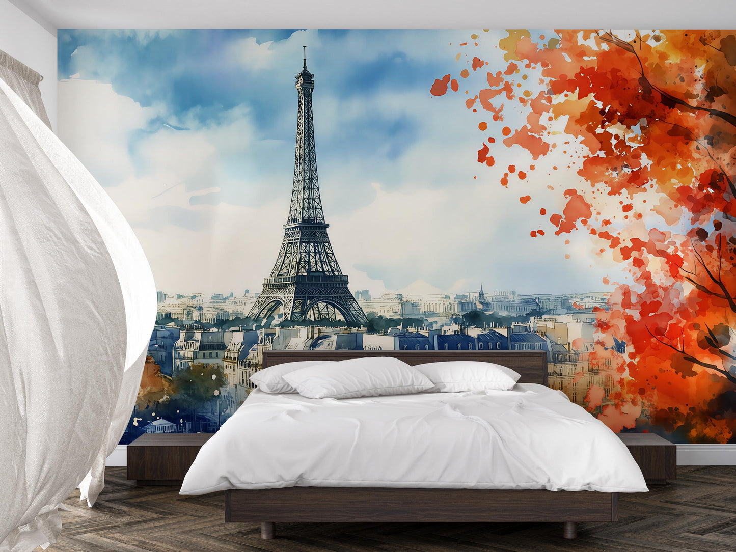 Paris Eiffel Tower Wall Mural – Watercolor Paris Skyline Wallpaper Vn927