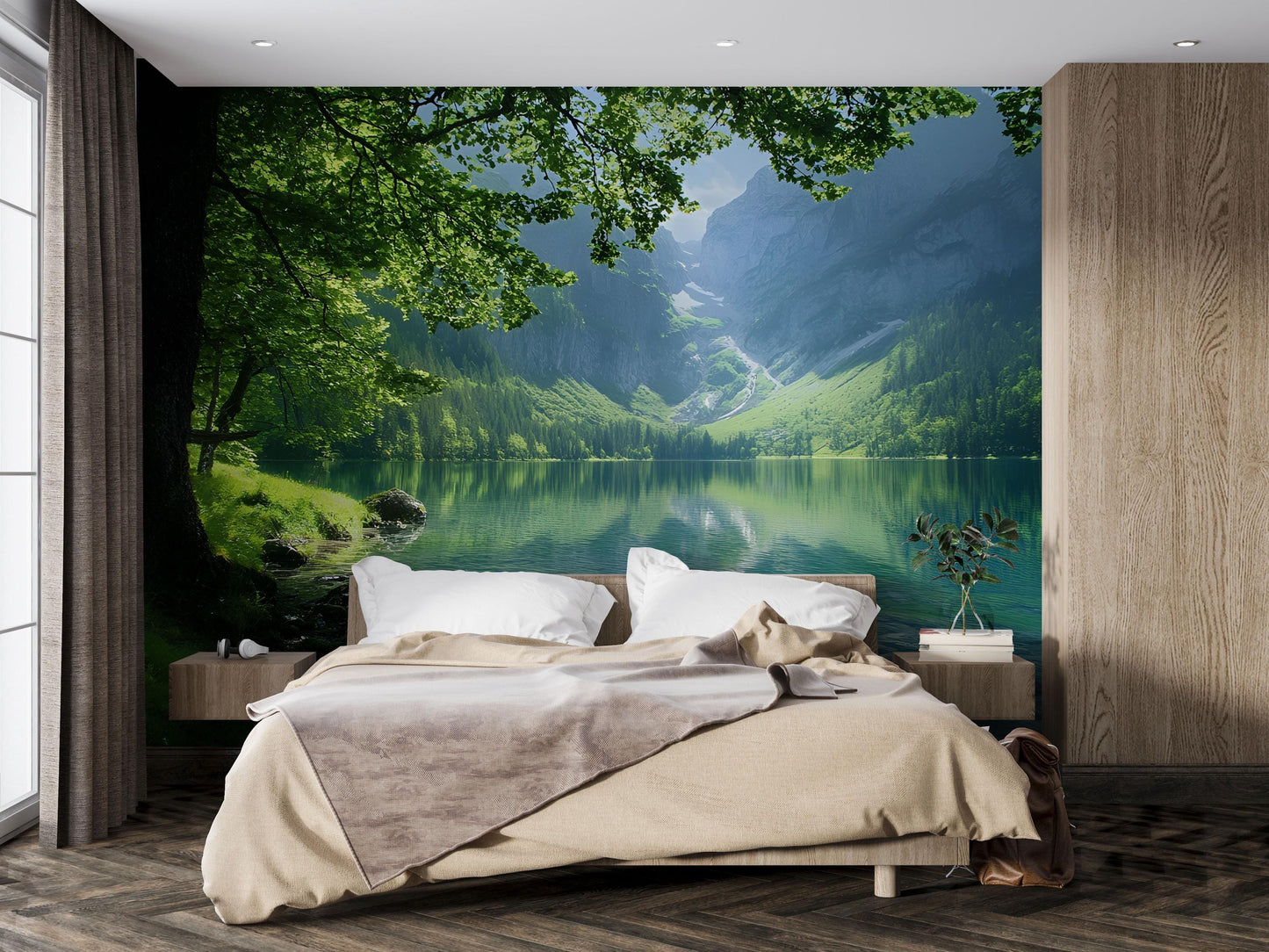Nature Lake Wall Mural – Mountain Forest Landscape Bedroom Wallpaper Vn691