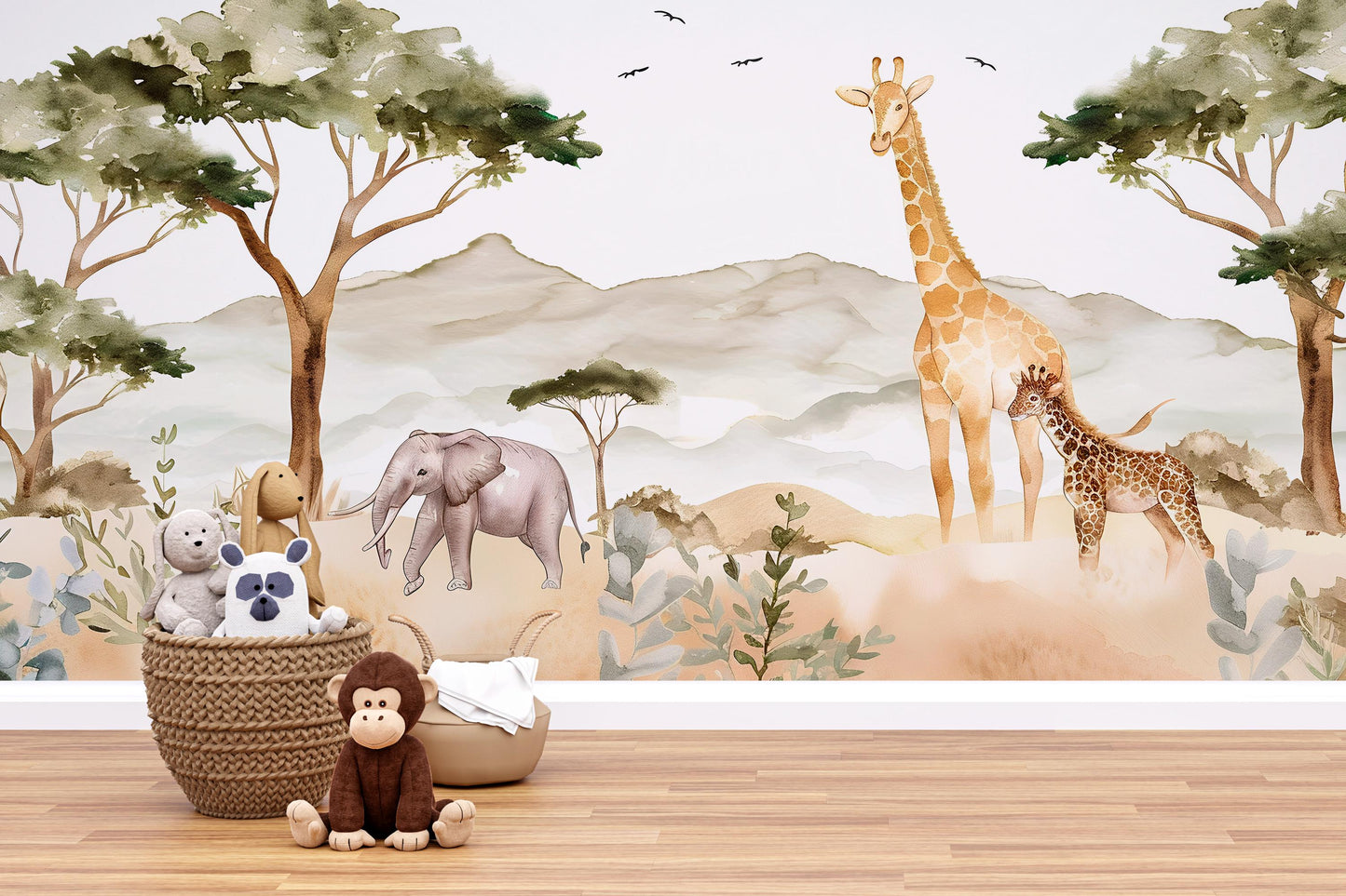 Safari Animals Wall Mural | Jungle Nursery Wallpaper with Giraffe & Elephant Vn1036