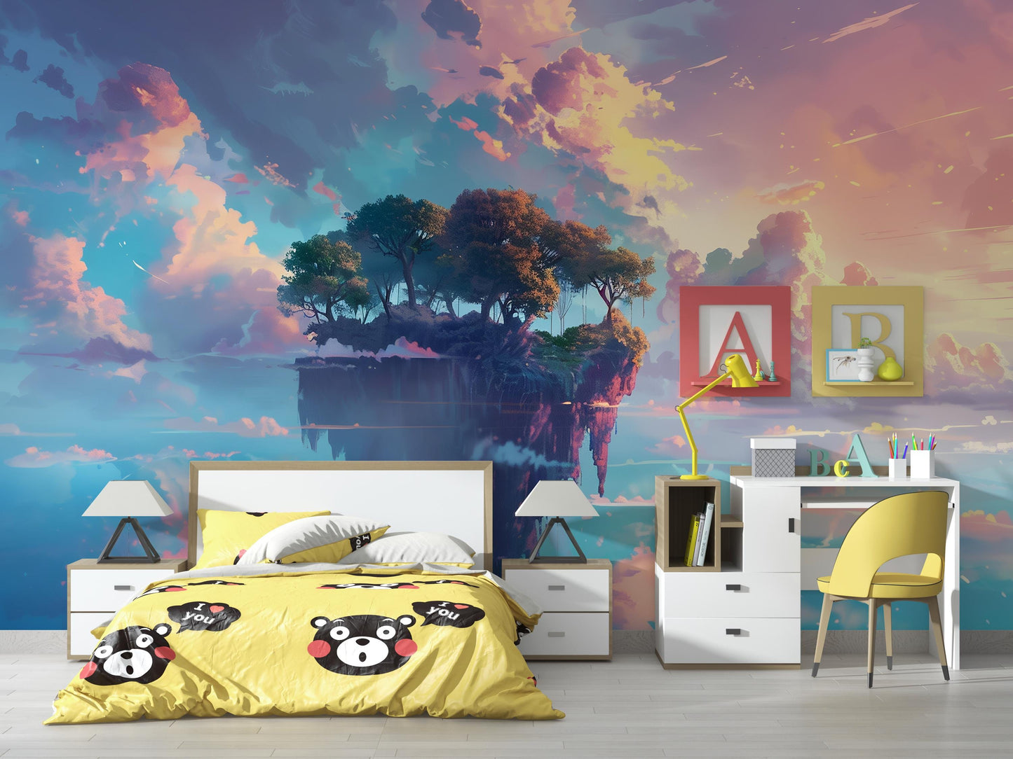 Fantasy Floating Island Wall Mural – Dreamy Sky Landscape Wallpaper for Kids Bedroom, Playroom or Creative Spaces Vn1084
