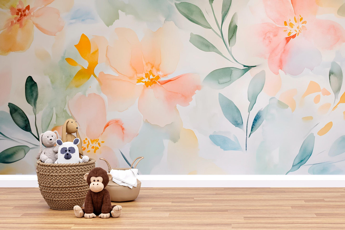 Watercolor Floral Wall Mural for Kids Room – Soft Pastel Flower Wallpaper, Removable Nursery Art Vn559